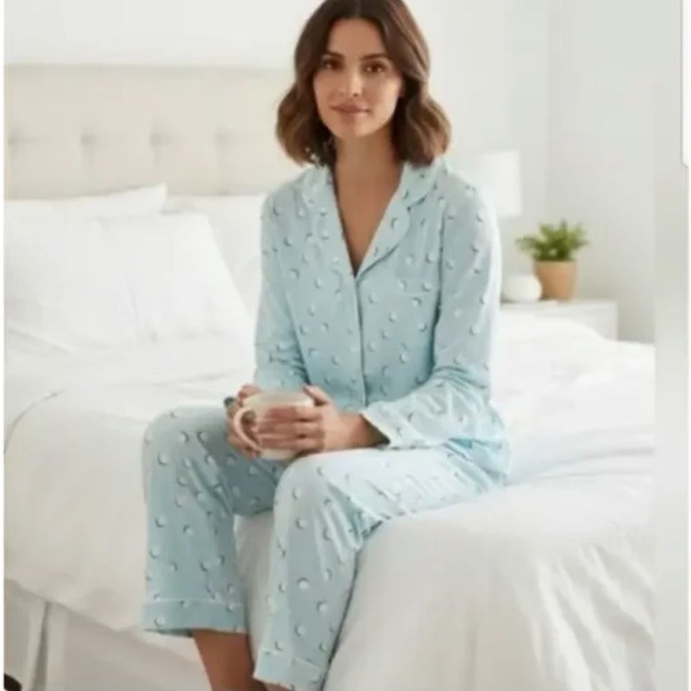 kate spade Light Blue White Black Large Polka Notch Collar PJ Set
